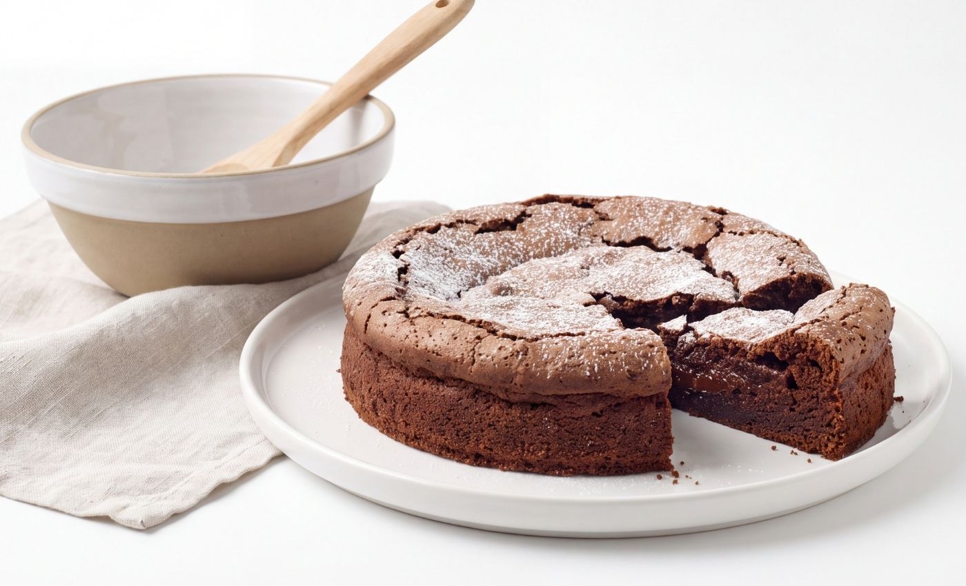 Gâteau au chocolat avec une part coupée.