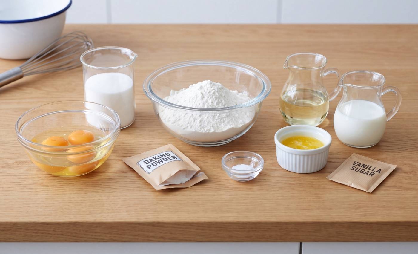 Ingrédients pour faire un gâteau simple : œufs, farine, sucre, lait, huile, levure chimique et vanille.