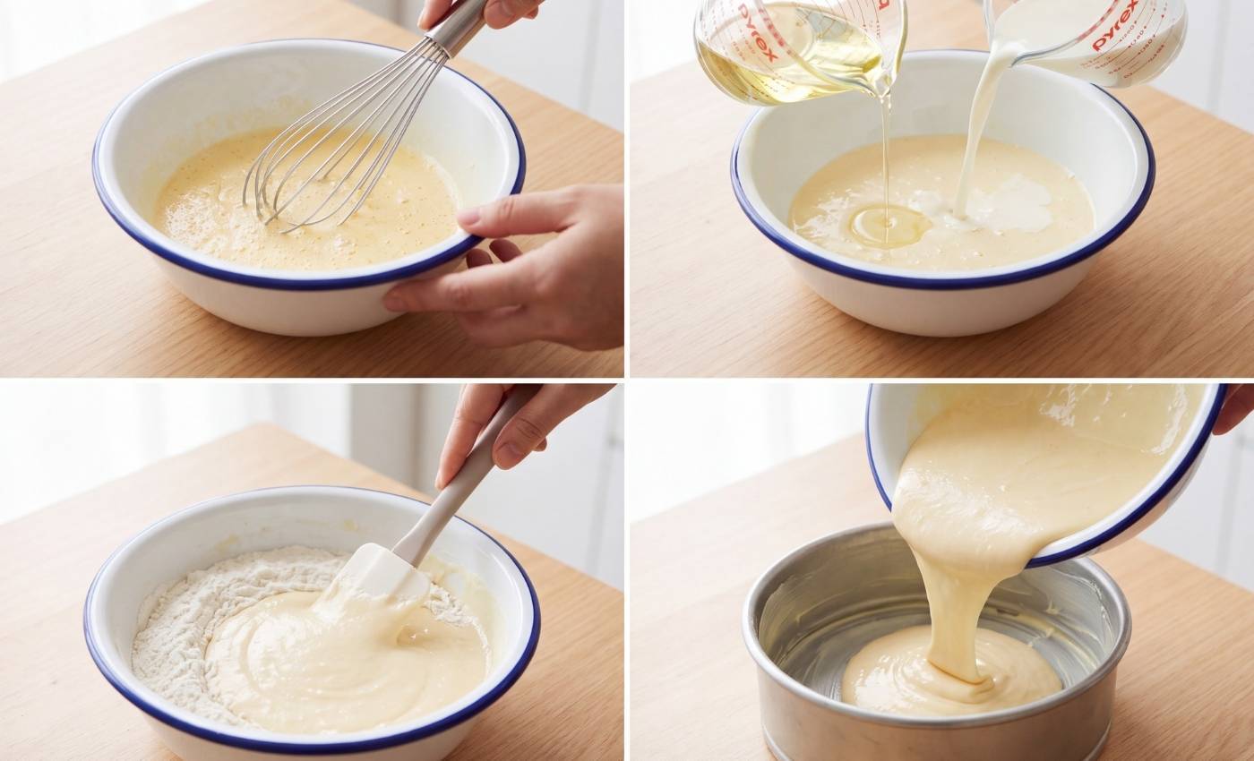 Étapes pour faire un gâteau simple : mélanger les œufs, ajouter le lait et l’huile, incorporer la farine puis verser la pâte dans le moule.